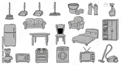 Household objects and furniture collection illustrated