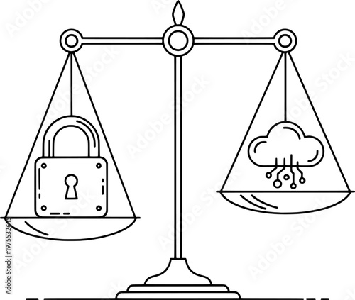 Minimalist data privacy and legal ethics scale line art, "Created with AI assistance and manually refined."