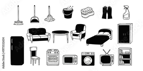 Household objects and furniture line art illustration