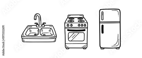 Kitchen appliances illustration sink oven and refrigerator