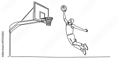 A single line drawing of a basketball player performing a high jump dunk into the basketball hoop Vector, illustration