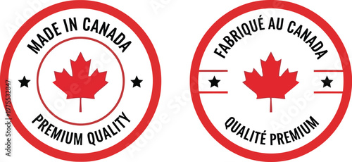 Made In Canada Premium Quality Official Product Certification Labels With Maple Leaf Icon Vector Set