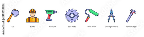 Precision Tools web banner icon vector illustration featuring Axe, Builder, Hand Drill, Saw Blade, Point Roller, Drawing Compass, and Vernier Caliper.