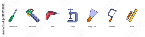 Handy Tools web banner icon vector illustration featuring Screwdriver, Chainsaw, Drill, Clamps, Putty Knife, Fretsaw, and Ruler.