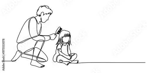 A father kneeling on the floor and gently brushing the hair of his young daughter sitting down. Vector, illustration