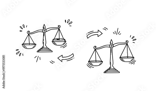 Balance and imbalance scales doodle set hand drawn comparison concept vector illustration