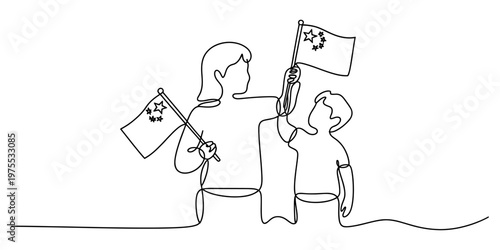 A continuous line drawing of a mother and her young son holding chinese flags with pride together Vector, illustration