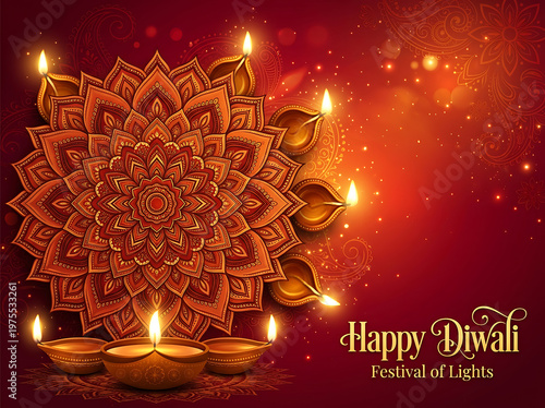 Diwali Festival of Lights Greeting Card with Mandala and Oil Lamps