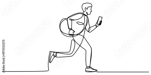 A single continuous line drawing of a person running while holding a mobile phone in their hand. Vector, illustration