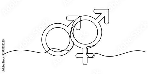 A single continuous line drawing of the male and female gender symbols merged into one design Vector, illustration