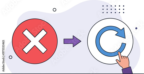 A hand clicks on a circular refresh button replacing a red cross symbol