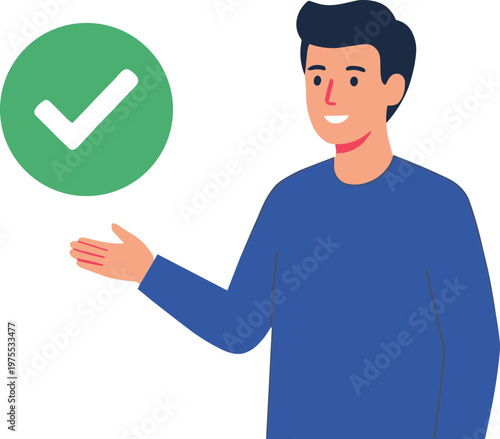 Man presents checkmark to viewer in graphic illustration