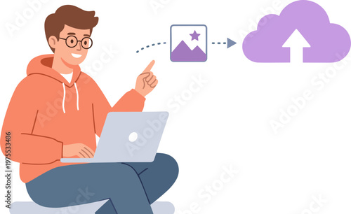 Man uploading photo from laptop to cloud storage service