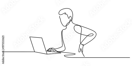 A continuous line drawing of a man sitting at a desk and feeling back pain while using a laptop Vector, illustration