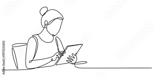 Continuous single line drawing of a woman sitting and interacting with a digital tablet device. Vector, illustration