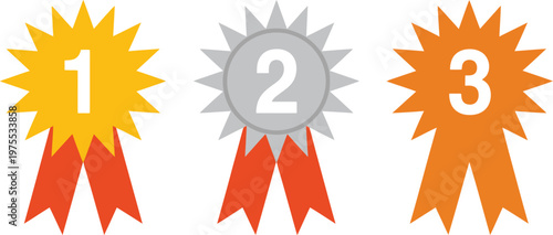 Award ribbon badges set with first second third place medals for ranking, achievement and competition winner concept, gold silver bronze prize icons isolated on transparent background vector 