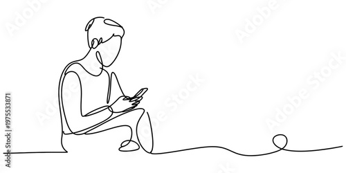 A minimalist single continuous line drawing of a person sitting down and using a mobile phone Vector, illustration
