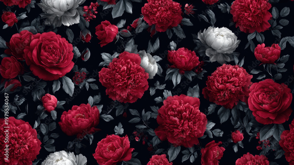 Fototapeta premium Seamless pattern with lush red peonies and roses combined with soft grey foliage on deep dark background, dramatic floral composition