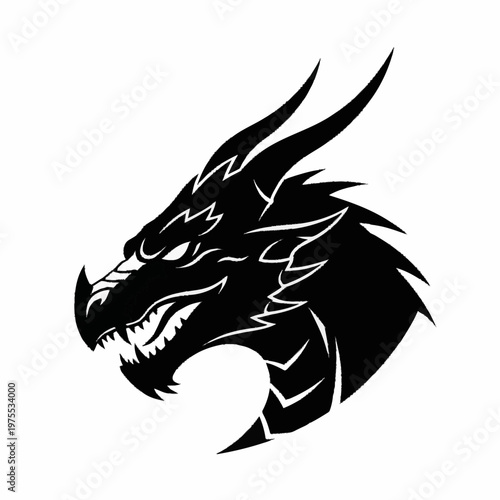 A black dragon head with sharp teeth and horns on a white background, showcasing a fierce and mythical creature in a striking vector graphic illustration design.