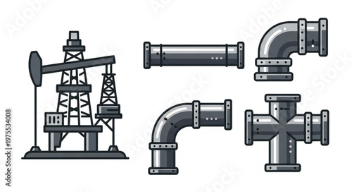 Oil Pump Jack and Industrial Pipe Fittings Illustration.
