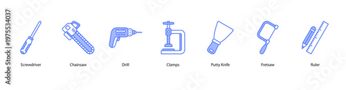 Handy Tools web banner icon vector illustration featuring Screwdriver, Chainsaw, Drill, Clamps, Putty Knife, Fretsaw, and Ruler.