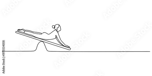 A minimalist single continuous line drawing of a woman performing a yoga pose on a slanted board. Vector, illustration