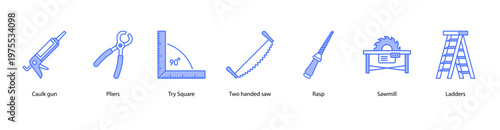 Carpentry Tools web banner icon vector illustration featuring Caulk Gun, Pliers, Try Square, Two Handed Saw, Rasp, Sawmill, and Ladders.