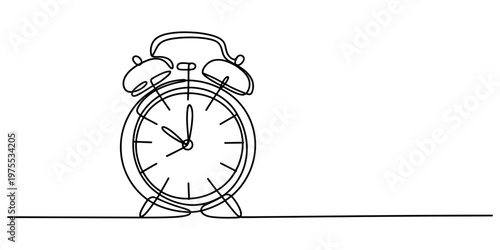 A minimalist black and white single continuous line drawing of a vintage style analog alarm clock Vector, illustration