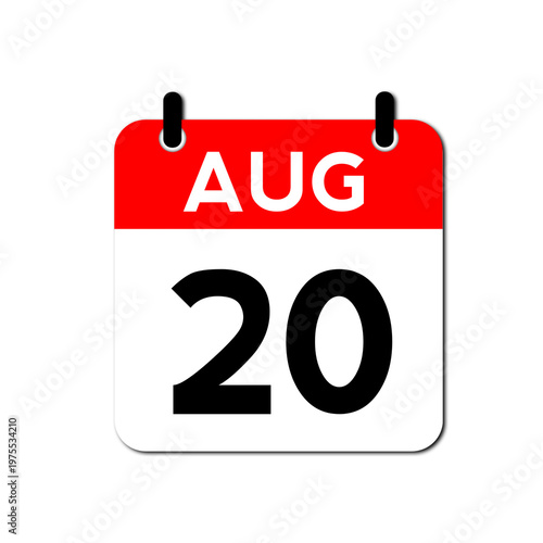 August 20th Day Calendar Vector Icon Perfect for planner, reminder, time management, schedule, office, business, and monthly event start design template