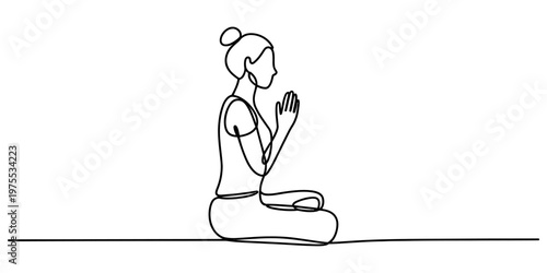 A single continuous line drawing of a person sitting in a peaceful yoga meditation pose posture Vector, illustration