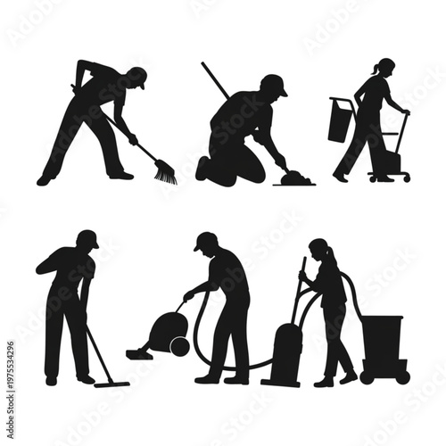 Professional cleaning service staff silhouettes working with vacuum cleaner, mop, broom and janitorial equipment set vector
