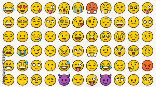 A vibrant grid of expressive yellow emoji faces showcasing diverse emotions, reactions, and moods used in digital communication worldwide.