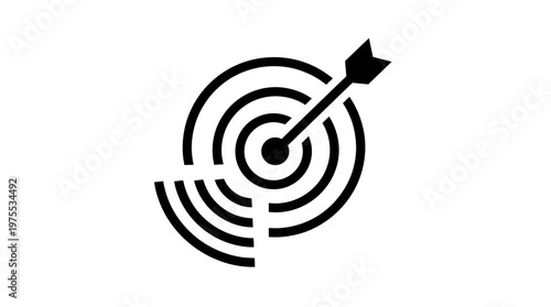 A bold black and white target graphic with concentric circles, arrow striking center, symbolizing precision, accuracy, and goal achievement.