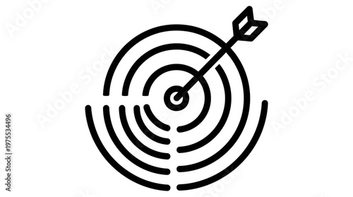 A bold black and white target graphic with concentric circles, arrow striking center, symbolizing precision, accuracy, and goal achievement.