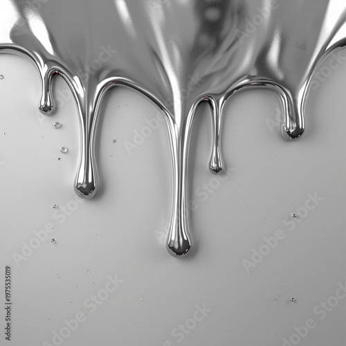 The silver liquid metal is dripping down on a gray background.

