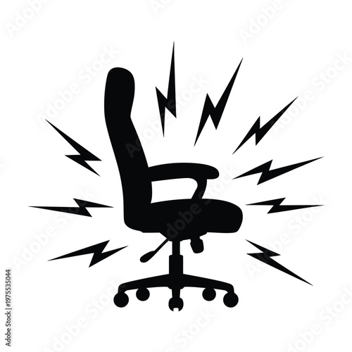 Black silhouette of an ergonomic office chair icon, showing power and energy surrounding it with lightning bolt symbols.