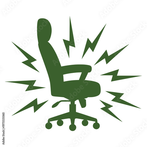 Dark green silhouette of an ergonomic office chair icon, showing power and energy surrounding it with lightning bolt symbols.