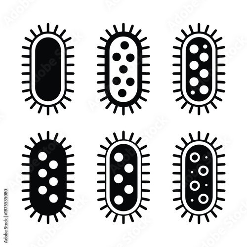 Set of six black bacteria or germ cells in various states, depicted with different internal structures and outlines.