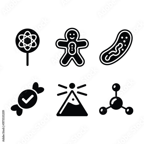 Collection of scientific and medical icons featuring atom molecule gingerbread man bacteria candy and volcano for education research chemistry biology illustration.