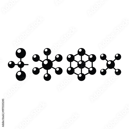 Various molecular structures and chemical bonds shown as black icons on grey background representing science research and study of elements compounds and atoms.