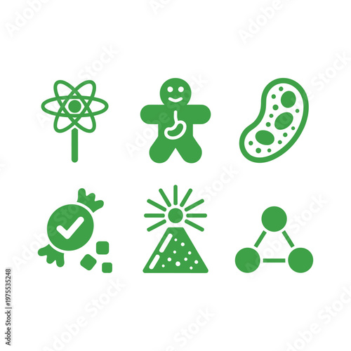 Collection of scientific and medical icons featuring atom molecule gingerbread man bacteria candy and volcano for education research chemistry biology illustration.