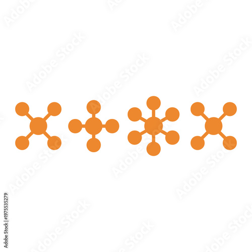 Four orange atom-like structures aligned horizontally, depicting connected spheres in various radial configurations.