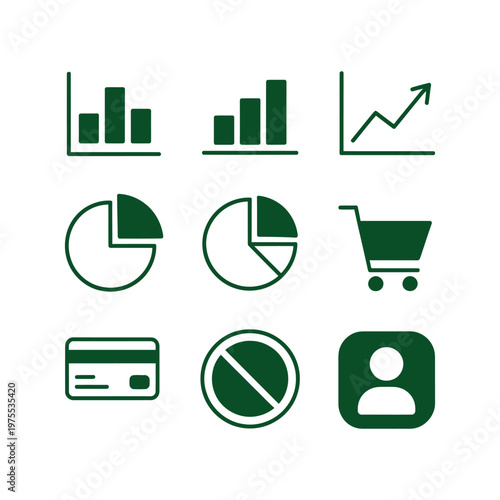 Set of green business and finance icons on transparent background, bar charts pie charts shopping cart credit card.