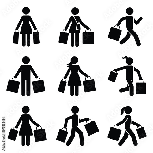 Collection of diverse stick figures carrying shopping bags representing consumerism retail therapy and commercial activity.