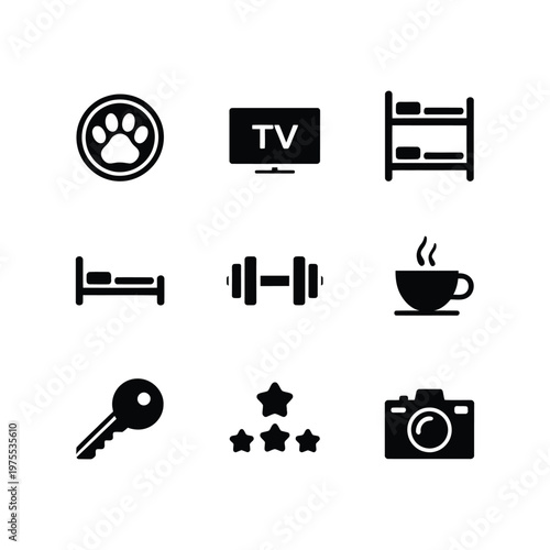 Hotel amenities icons featuring bed television pet friendly paw gym equipment and coffee symbols for hospitality industry set.