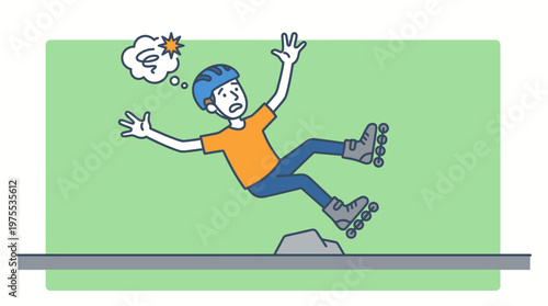 A person on rollerblades, wearing a helmet, experiences an unexpected fall after tripping over a small rock, illustrating a common accident or mishap.