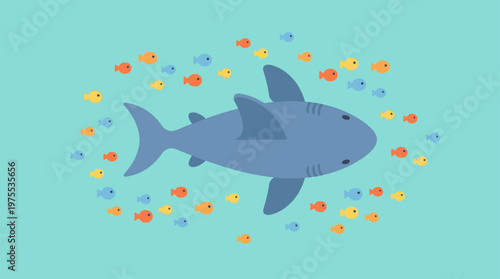 A cartoon shark swims calmly in the blue ocean, surrounded by a large school of small, colorful fish, rendered in a clean, flat vector illustration.