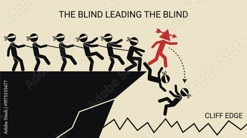 A group of blindfolded individuals follows a misguided leader off a dangerous cliff, illustrating the peril of poor judgment and collective failure.