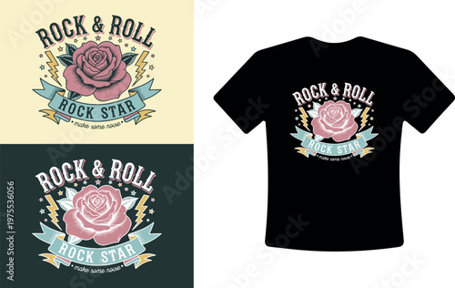 Rock and roll t-shirt design with rose and star on black, Beige and gray background