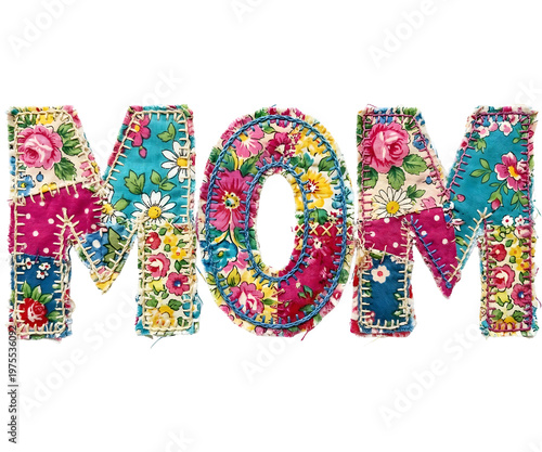 Mom word art with patchwork floral fabric art design Illustration